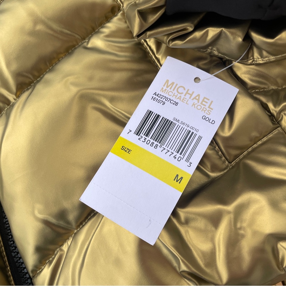 Michael Kors Metallic Gold Quilted Hooded Faux Fur Puffer Coat Size Medium - Picture 5 of 7